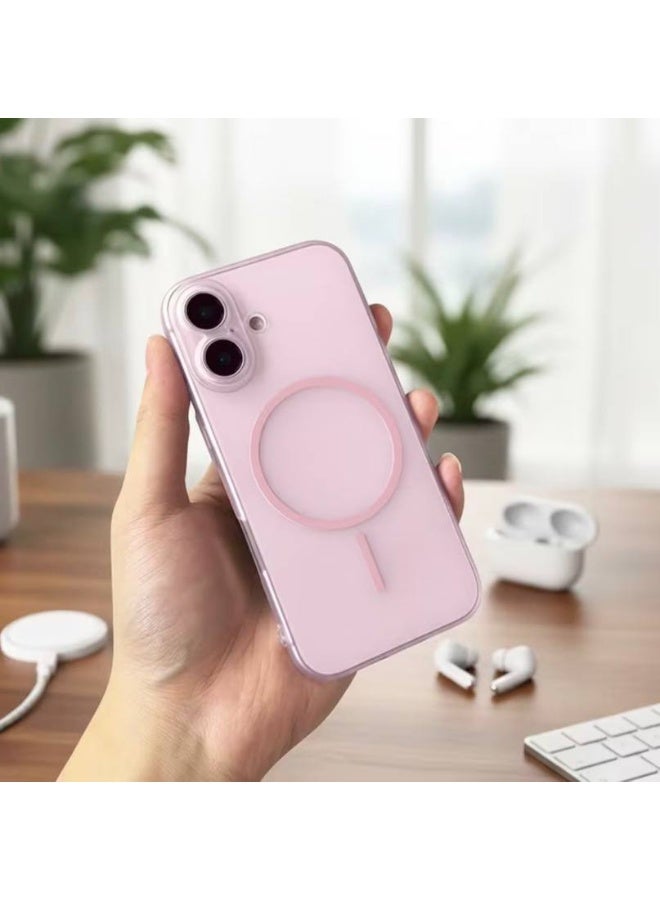 جراب ماج سيف الفاخر غير اللامع لهاتف آيفون 16 بلس، غطاء مغناطيسي رفيع مقاوم للصدمات | وردي